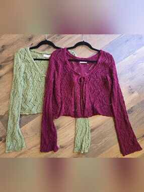 2 LC Lauren Conrad Open-Knit Tie-Front Sweaters Cardigan Green And Burgandy